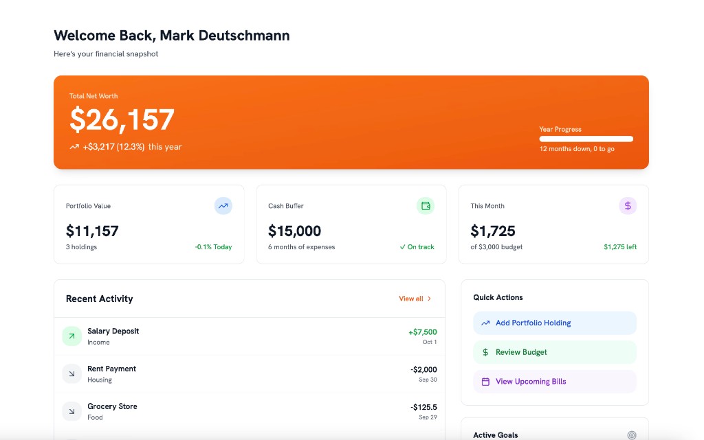 MoneyMate personal finance dashboard: net worth, portfolio, cash buffer, and recent activity